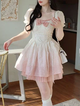 Розовое мини-платье Kawaii Lolita Party, Женское Повседневное Милое платье с пышными рукавами, Элегантное Французское Винтажное платье, Весна-лето 2023 г.