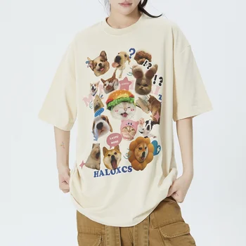 Винтажные футболки с рисунком кошки, Собаки, Женская одежда, Летняя Повседневная футболка оверсайз, Женская одежда Kawaii, Топы Корейской